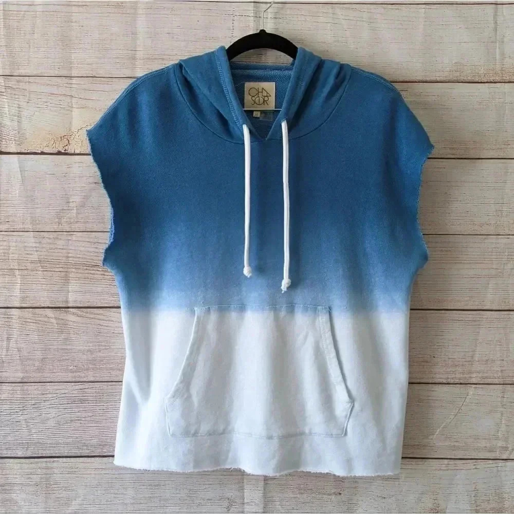 Chaser Women's Size Medium Dip Dye Hoodie Sleeveless French Terry Pullover Blue